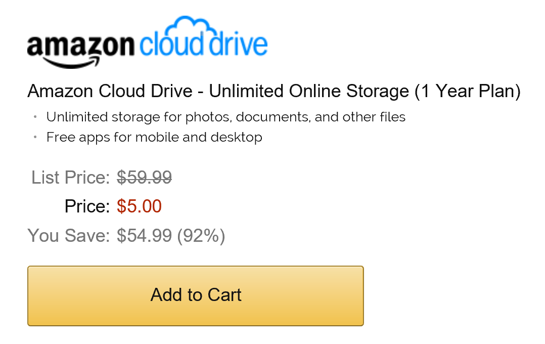 Amazon Cloud Drive only for 5 dollars