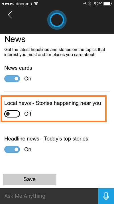 Cortana - turn on local news
