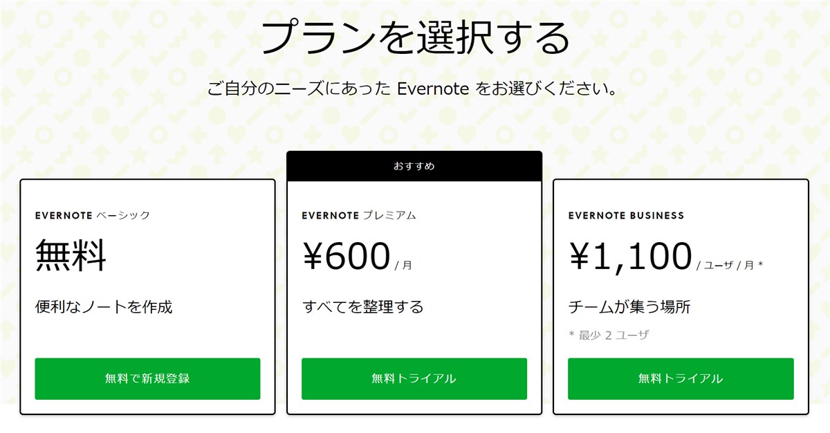Evernote price table